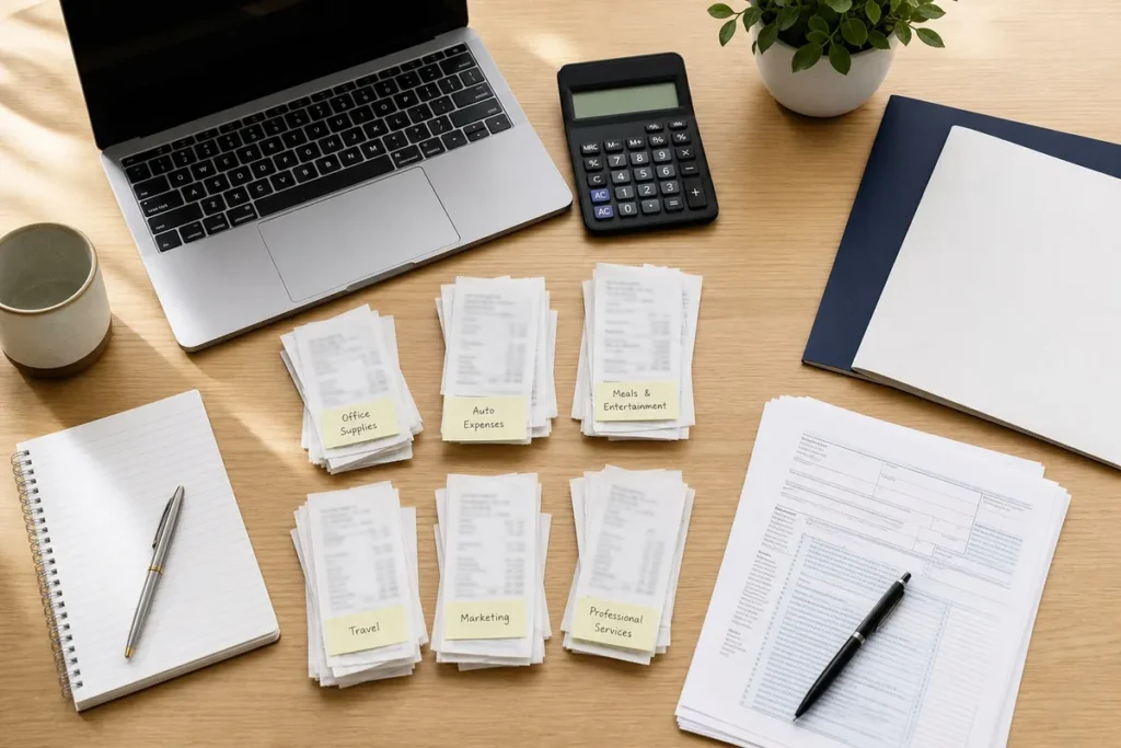Receipts sorted by expense category with a calculator, laptop, tax forms, and notebook on a wooden desk.